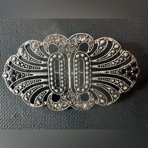 Vintage Art Deco Style Jet Crystal Cocktail Silver Rhinestone Pin Brooch